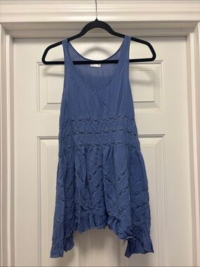 Women's Blue Sleeveless Lace-Trim Tank Dress